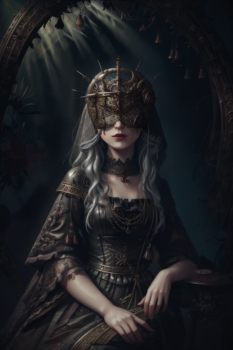 04188-3791347074-a woman wearing a silver blind mask, gothic dress, lace trim, tone mapped, detailed, highly detailed, digital painting, artstati.png